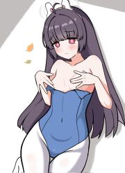 Rule 34 | 1girl, ahoge, bare arms, bare shoulders, black hair, blue archive, blue leotard, blush, breasts, closed mouth, collarbone, commentary request, covering privates, covering breasts, feet out of frame, groin, halo, headgear, highres, io9, leaf, leotard, long hair, miyu (blue archive), pantyhose, red eyes, small breasts, solo, strapless, strapless leotard, sweat, very long hair, white pantyhose