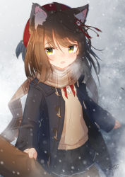 Rule 34 | 1girl, :o, absurdres, ahoge, animal ears, beret, black jacket, black skirt, blush, breath, brown hair, brown scarf, clothes grab, commentary request, coreytaiyo, hair between eyes, hat, highres, jacket, long hair, long sleeves, looking at viewer, open clothes, open jacket, open mouth, original, plaid, plaid scarf, pleated skirt, red hat, scarf, school uniform, shirt, skirt, sleeve grab, snowing, solo, sweater vest, tears, white shirt, yellow eyes