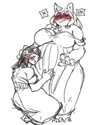 Rule 34 | belly, big belly, blush, dress, embarrassed, furry, furry female, furry with non-furry, hekate (housamo), interspecies, pregnant, protagonist 2 (housamo), rub, tokyo houkago summoners, white dress
