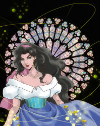 Rule 34 | &gt;:), 1girl, aqua eyes, bare shoulders, black hair, earrings, esmeralda (disney), gypsy, hairband, jewelry, lipstick, long hair, looking at viewer, makeup, puchikotei, puffy short sleeves, puffy sleeves, red lips, short sleeves, stained glass, the hunchback of notre dame, trefoil, v-shaped eyebrows