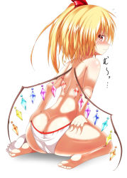 Rule 34 | 1girl, ass, ass grab, back, barefoot, blonde hair, blush, butt crack, deep skin, feet, flandre scarlet, from behind, hair ribbon, huge ass, looking back, red eyes, ribbon, roro (sghona10), short hair, side ponytail, simple background, sitting, soles, solo, thick thighs, thighs, toes, topless, touhou, underwear, underwear only, wariza, white background, wings