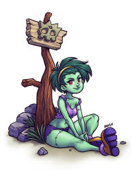 Rule 34 | 1girl, ankle boots, boots, breasts, colored skin, crop top, cutoffs, green hair, green skin, hairband, jmanvelez, lips, midriff, navel, nose, red eyes, rottytops, shantae (series), short hair, shorts, signpost, sitting, smile, solo, stitches, strap slip, tank top, zombie