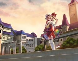 Rule 34 | 1girl, blonde hair, cloud, collared shirt, female focus, flandre scarlet, hat, kamisakai, mob cap, outdoors, plant, scenery, shirt, sky, solo, standing, thighhighs, touhou, tree, vampire, white hat, white thighhighs, wings