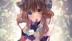 Rule 34 | 1girl, :o, animal ears, black gloves, blue eyes, brown hair, eli conifer, eyebrows hidden by hair, flat chest, gloves, hand to own mouth, head tilt, highres, leaf, looking at viewer, low twintails, nijisanji, open mouth, portrait, sakai eri (illustratoreri), solo, squirrel ears, twintails, virtual youtuber