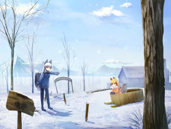 Rule 34 | 10s, 2girls, animal ears, bare tree, basin, black pantyhose, blonde hair, blue sky, building, cloud, commentary, day, ezo red fox (kemono friends), fox ears, fox tail, kemono friends, liya, long hair, mountain, multiple girls, outdoors, outstretched arm, pantyhose, pointing, signpost, silver fox (kemono friends), silver hair, sky, snow, tail, tree