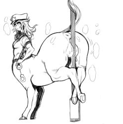 Rule 34 | 1girl, anus, ass, bottomless, centaur, cuffs, female masturbation, from behind, handcuffs, hat, hooves, masturbation, modeseven, monochrome, monster girl, pussy, pussy juice, sketch, solo, sweat, tail, taur, uncensored, uniform