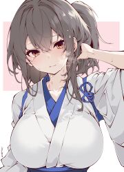 Rule 34 | 1girl, breasts, brown eyes, brown hair, closed mouth, collarbone, hair between eyes, highres, japanese clothes, kaga (kancolle), kantai collection, large breasts, long hair, nontraditional miko, sakakiba misogi, side ponytail, solo, upper body, wide sleeves
