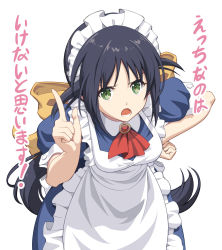 Rule 34 | 1girl, andou mahoro, apron, blue dress, blue hair, commentary request, dress, green eyes, hand on own hip, highres, index finger raised, leaning forward, long hair, looking at viewer, mahoromatic, maid, maid headdress, open mouth, pinakes, red neckwear, simple background, solo, translation request, white apron, white background