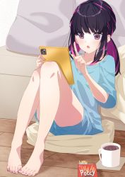 Rule 34 | 1girl, barefoot, black hair, cup, feet, food, highres, light blush, long hair, mug, multicolored hair, open mouth, pink eyes, pocky, shirt, streaked hair, t-shirt, tablet, toes, two-tone hair, wooden floor