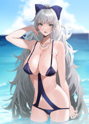 Rule 34 | 1girl, arm behind back, arm up, azur lane, bikini, bow, breasts, chain necklace, grey eyes, grey hair, hair bow, highres, jewelry, lace, lace-trimmed bikini, lace trim, large breasts, long hair, necklace, o-ring, o-ring bikini, o-ring swimsuit, ocean, official alternate costume, partially submerged, purple bikini, purple bow, raitho, skindentation, string bikini, swimsuit, vittorio veneto (azur lane), vittorio veneto (the flower of la spezia) (azur lane)