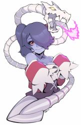 Rule 34 | 1girl, 2020, blue hair, blue skin, colored skin, detached collar, detached sleeves, fire, highres, its just suppi, leviathan (skullgirls), portrait, red eyes, side ponytail, skullgirls, smile, solo, squigly (skullgirls), stitched mouth, stitches, striped, tagme, white background, zombie