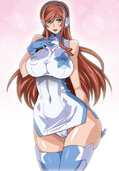 Rule 34 | 10s, 1girl, bare shoulders, blush, breasts, brown hair, cameltoe, curvy, dress, covered erect nipples, gigantic breasts, green eyes, gundam, gundam build fighters, gundam build fighters try, impossible clothes, impossible dress, kamiki mirai, long hair, looking at viewer, open mouth, panties, puffy nipples, raisuta, smile, solo, standing, thighhighs, underwear, wide hips