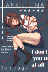 Rule 34 | 1girl, absurdres, alternate costume, angelina (arknights), animal ears, arknights, arms behind back, artist name, ass, bad id, bad pixiv id, bare legs, bdsm, black choker, black socks, blue sailor collar, blue skirt, bondage, bound, breasts, brown hair, character name, chinese commentary, choker, cleave gag, cloth gag, commentary request, crop top, english text, fox ears, gag, gagged, grey background, hairband, highres, improvised gag, long hair, looking at viewer, lying, midriff, miniskirt, mirrorya, navel, neckerchief, no shoes, on side, red eyes, red hairband, red neckerchief, sailor collar, sailor shirt, school uniform, serafuku, shadow, shirt, short sleeves, simple background, skirt, small breasts, socks, solo, star (symbol), stomach, thighs, white shirt