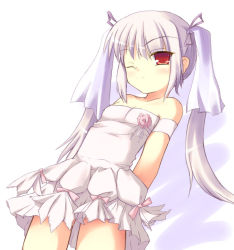 Rule 34 | 1girl, dress, kooh, pangya, safi, simple background, solo, twintails, wedding dress, white background, white hair