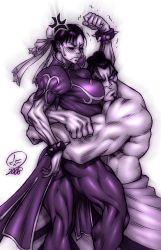 Rule 34 | 1boy, 1girl, anger vein, angry, between breasts, bracelet, breasts, bun cover, capcom, chinese clothes, chun-li, dairoku tenma, double bun, edmond honda, extreme muscles, facepaint, folded ponytail, hetero, highres, hug, jewelry, large breasts, muscular, topless male, street fighter, sumo, teardrop