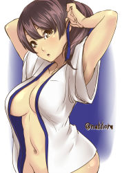 Rule 34 | 10s, 1girl, absurdres, adjusting hair, armpit peek, arms behind head, bottomless, breasts, brown eyes, brown hair, from side, hair between eyes, highres, japanese clothes, kaga (kancolle), kantai collection, looking at viewer, medium breasts, navel, nekotama1987, no bra, open clothes, open mouth, short hair, short ponytail, side ponytail, solo