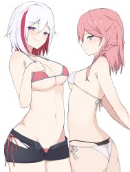 Rule 34 | 2girls, absurdres, arms behind back, ass, asta (honkai: star rail), bikini, bikini over clothes, bikini under clothes, black panties, blue eyes, blush, braid, breast envy, breasts, closed mouth, hand on own chest, highres, honkai: star rail, honkai (series), ikatanuki, large breasts, linea alba, looking at viewer, medium breasts, medium hair, multiple girls, navel, open clothes, open shorts, panties, pink bikini, pink hair, short shorts, shorts, side-tie bikini bottom, simple background, smile, smirk, smug, swimsuit, thong, topaz (honkai: star rail), torn clothes, underwear, white background, white bikini, white hair