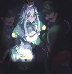 Rule 34 | 1girl, 5boys, breasts, cabbie hat, cleavage, closed mouth, colored skin, commentary request, crown, dark, dress, embarrassed, facial hair, flashlight, frilled dress, frills, genderswap, genderswap (mtf), ghost, gloves, green hat, half-closed eyes, hands on own face, hat, luigi, luigi&#039;s mansion, mario (series), multiple boys, mustache, new super mario bros. u deluxe, nikuman (samara), nintendo, nose, personification, poltergust 3000, princess king boo, purple eyes, super crown, wavy mouth, white dress, white gloves, white hair, white skin