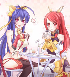 Rule 34 | 2girls, :d, antenna hair, armor, armored dress, backless outfit, bare shoulders, black legwear, black pants, blazblue, blazblue: central fiction, blue hair, blush, boots, bow, breasts, cafe, cake, chair, checkered background, cup, detached sleeves, fingerless gloves, flower, food, fruit, fruit background, genderswap, genderswap (mtf), gloves, groin, hair between eyes, hair bow, hair tubes, halterneck, heart, highres, holding, holding cup, izayoi (blazblue), large breasts, long hair, looking at viewer, lowleg, lowleg pants, mai natsume, midriff, miniskirt, multiple girls, navel, no bra, no panties, open mouth, outseal, pants, pantyhose, pastry, plate, polearm, ponytail, purple eyes, red eyes, red gloves, red hair, revealing clothes, ribbon, sideboob, sidelocks, sitting, skirt, smile, spear, speech bubble, spoken heart, spoon, standing, strawberry, strawberry shortcake, sunimu, sword, table, tea, teacup, thigh boots, thighhighs, thighs, tsubaki yayoi, vase, very long hair, weapon, white footwear, white legwear, white skirt, wide ponytail, yellow bow