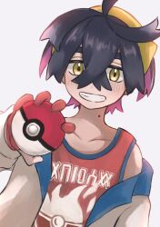 Rule 34 | 1boy, ahoge, aritsune01, black hair, blush, collarbone, colored inner hair, commentary request, creatures (company), crossed bangs, game freak, gloves, grin, hair between eyes, hairband, hand up, holding, holding poke ball, jacket, kieran (pokemon), looking at viewer, male focus, mole, mole on neck, multicolored hair, nintendo, off-shoulder jacket, off shoulder, partially fingerless gloves, poke ball, poke ball (basic), pokemon, pokemon sv, red gloves, red shirt, shirt, short hair, sleeveless, sleeveless shirt, smile, solo, tank top, teeth, upper body, white background, white jacket, yellow eyes, yellow hairband