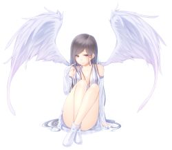 Rule 34 | 1girl, angel wings, arm support, bare shoulders, breasts, bridal gauntlets, brown eyes, brown hair, cleavage, convenient leg, elbow gloves, gloves, twirling hair, long hair, noppi (noppi 98), original, simple background, solo, white background, wings