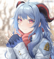 Rule 34 | absurdres, ahoge, alternate costume, artist name, bell, blue hair, commentary, curled horns, english commentary, fingers together, ganyu (genshin impact), genshin impact, highres, horns, jacket, long hair, looking at viewer, multicolored eyes, own hands together, scarf, sidelocks, smile, snow, solo, steepled fingers, suoniko