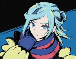 Rule 34 | 1boy, aqua eyes, aqua hair, blue mittens, blue scarf, closed mouth, commentary request, creatures (company), eyelashes, game freak, grusha (pokemon), hand up, highres, holding, holding clothes, holding scarf, jacket, long sleeves, looking at viewer, male focus, min (myna8247), mittens, nintendo, pokemon, pokemon sv, scarf, signature, solo, striped clothes, striped scarf, upper body, yellow jacket