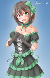 Rule 34 | 1girl, alternate costume, anti (untea9), bare shoulders, black choker, black dress, black gloves, blue background, blue eyes, bow, breasts, brown hair, choker, collarbone, cowboy shot, dress, frilled choker, frilled dress, frills, gloves, gradient background, green dress, hair bow, hair ornament, hairclip, highres, idol, idol clothes, kantai collection, looking at viewer, maya (kancolle), medium breasts, open mouth, puffy short sleeves, puffy sleeves, short hair, short sleeves, solo, sweatdrop, twitter username, x hair ornament