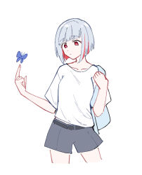 1girl alternate_costume black_shorts blue_butterfly bob_cut bug butterfly closed_mouth collarbone colored_inner_hair commentary cowboy_shot cropped_legs diagonal_bangs expressionless grey_hair highres insect inverted_bob link!_like!_love_live! love_live! midriff_peek multicolored_hair red_eyes red_hair shirt short_hair short_shorts short_sleeves shorts simple_background solo streaked_hair t-shirt towel_on_arm virtual_youtuber white_background white_shirt yugiri_tsuzuri zangemiya