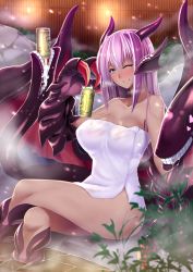 Rule 34 | 1girl, ;), absurdres, alcohol, animal hands, bare shoulders, beer, beer can, blush, breasts, butter-t, can, claws, crossed legs, dark-skinned female, dark skin, dragon girl, dragon wings, drink can, drinking, drunk, extra mouth, highres, horns, jabberwock (monster girl encyclopedia), large breasts, long hair, monster girl, monster girl encyclopedia, naked towel, one eye closed, onsen, purple hair, red eyes, sitting, smile, solo, steam, sweat, towel, translated, water, wings