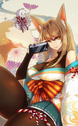 Rule 34 | 1girl, aa2233a, animal ear fluff, animal ears, aqua skirt, bow, breasts, brown eyes, brown hair, brown pantyhose, cellphone, detached sleeves, floral background, fox ears, fox tail, japanese clothes, large breasts, looking at viewer, original, pantyhose, phone, skirt, smartphone, smile, solo, tail, teruterubouzu