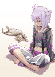 Rule 34 | 1girl, ahoge, animal, animal collar, animal ears, arm support, barefoot, blue eyes, blue hair, blush, breasts, buckle, cat, cat ears, cat girl, collar, collarbone, from side, full body, hair between eyes, highres, hololive, indian style, jacket, long sleeves, looking to the side, medium breasts, medium hair, multicolored clothes, multicolored jacket, navel, nekomata okayu, nekomata okayu (1st costume), open mouth, pants, sidelocks, sitting, sleeves past wrists, smile, solo, temari (naruto), tongue, tugo, virtual youtuber, white background, white pants