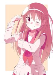 Rule 34 | 1girl, ;), achiga school uniform, anzu nanaki, atarashi ako, brown hair, cardigan, clenched hand, closed mouth, commentary, flexing, hair tie, hand on own arm, highres, long hair, long sleeves, looking at viewer, neckerchief, one eye closed, outside border, pink cardigan, pleated skirt, red eyes, red neckerchief, red sailor collar, red skirt, sailor collar, saki, saki (manga), saki achiga-hen, school uniform, skirt, smile, solo, standing, two side up, upper body, yellow background