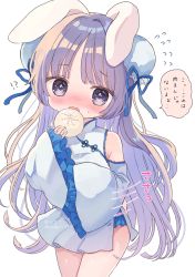 Rule 34 | !?, 1girl, ame usako, animal ears, baozi, blue ribbon, blush, breasts, bun cover, rabbit ears, china dress, chinese clothes, covering privates, covering breasts, double bun, dress, eating, flying sweatdrops, food, holding, holding food, long hair, long sleeves, looking at viewer, medium breasts, nose blush, open mouth, original, purple eyes, purple hair, ribbon, signature, simple background, sleeves past fingers, sleeves past wrists, solo, sweat, translation request, twitter username, very long hair, white background, white dress, wide sleeves