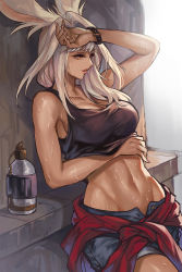 Rule 34 | 1girl, animal ear fluff, animal ears, bottle, bracelet, breasts, clothes lift, dark skin, denim, denim shorts, final fantasy, final fantasy xiv, groin, hand on own stomach, highres, jacket, jewelry, kacyu, large breasts, leaning back, long hair, midriff, navel, open fly, orange eyes, rabbit ears, rabbit girl, shirt lift, shorts, stomach, sweat, tank top, thighs, tied jacket, toned, viera, wall, warrior of light (ff14), water bottle, wavy hair, white hair, wiping face