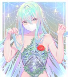 Rule 34 | 1girl, absurdres, banned artist, blue hair, covered mouth, dai nikucho, flower, grey eyes, hair between eyes, hands up, highres, light blue hair, long hair, looking at viewer, mask, mouth mask, nude, original, power symbol, red flower, ribs, silk, solo, spider web, spine, upper body