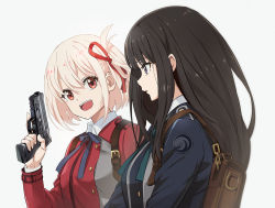 2girls :d backpack bag black_hair blonde_hair blue_ribbon green_ribbon grey_background gun hair_between_eyes hair_ribbon handgun holding holding_gun holding_weapon inoue_takina long_hair looking_at_another lycoris_recoil multiple_girls neck_ribbon nishikigi_chisato nyoro_(nyoronyoro000) open_mouth purple_eyes red_eyes red_ribbon ribbon short_hair simple_background smile teeth upper_body upper_teeth_only weapon