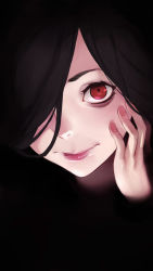 Rule 34 | 10s, 1girl, black hair, dark, hair over one eye, hand on own face, highres, licking lips, long hair, looking at viewer, nail polish, pink nails, portrait, red eyes, red lips, sadatsuka nao, shokugeki no souma, smile, solo, tongue, tongue out, vocky