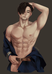 Rule 34 | 1boy, armpits, artist name, bad id, bad pixiv id, belt, black eyes, black hair, facial hair, facial mark, golden kamuy, grey background, hair over one eye, hand on own head, highres, kzhma, looking at viewer, male focus, manly, muscular, muscular male, navel, nipples, ogata hyakunosuke, simple background, standing, testicles, undressing