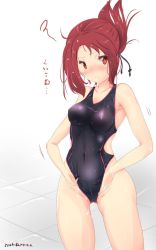 Rule 34 | 1girl, adjusting clothes, adjusting swimsuit, artist name, black one-piece swimsuit, blush, breasts, collarbone, commentary request, competition swimsuit, covered navel, cowboy shot, artistic error, frown, hair tie, highres, kemurikusa, long hair, looking at viewer, one-piece swimsuit, ponytail, red eyes, red hair, rin (kemurikusa), small breasts, solo, squiggle, standing, swimsuit, toyono kitsune, white background