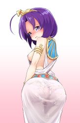 Rule 34 | 1girl, ahoge, areola slip, ass, ass focus, back, blush, breasts, cum, cum on ass, cum on clothes, dress, egyptian clothes, etokakaitari, gradient background, highres, huge ass, jashin-chan dropkick, looking at viewer, looking back, medium breasts, medusa (jashin-chan dropkick), no bra, open hair, open mouth, panties, pantylines, pink background, purple eyes, purple hair, see-through, see-through dress, short hair, sideboob, simple background, solo, tears, underwear