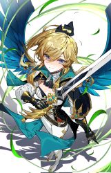 Rule 34 | 1girl, black gloves, blonde hair, blue capelet, blue eyes, bow, breasts, capelet, cleavage, closed mouth, coattails, detached collar, favonius sword (genshin impact), feathered wings, feathers, from above, genshin impact, gloves, hair between eyes, hair bow, high collar, highres, holding, holding sword, holding weapon, jean (genshin impact), large breasts, long hair, looking at viewer, multicolored capelet, mura karuki, pants, sidelocks, smile, solo, standing, sword, tight clothes, tight pants, weapon, white footwear, white pants, wings