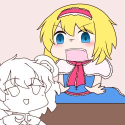 Rule 34 | 2girls, :d, alice margatroid, angry, animal ears, animated, animated gif, blinking, blonde hair, blue dress, blue eyes, blush, capelet, commentary request, cookie (touhou), desk slam, dress, frilled capelet, frilled hairband, frilled necktie, frills, grey background, hairband, highres, ichigo (cookie), looking at another, looping animation, mouse ears, mouse girl, multiple girls, nazrin, necktie, nyon (cookie), open mouth, pink hairband, pink necktie, pink sash, sash, short hair, simple background, smile, touhou, turn pale, upper body, v-shaped eyebrows, white capelet, y75zei