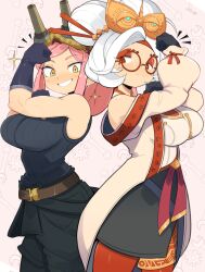 Rule 34 | 2girls, belt, black gloves, black pants, black sweater, boku no hero academia, breasts, brown belt, clenched hand, closed mouth, commentary, crossover, english commentary, gloves, goggles, goggles on head, hair ornament, hair stick, hatsume mei, jacket, jellcaps, large breasts, long sleeves, looking at viewer, multiple girls, nintendo, pants, pantyhose, pink hair, purah, red-framed eyewear, red eyes, red pantyhose, round eyewear, short hair, sleeveless, sleeveless sweater, smile, standing, sweater, the legend of zelda, the legend of zelda: tears of the kingdom, white hair, white jacket, yellow eyes