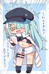 Rule 34 | 1girl, @ @, absurdres, black footwear, black hat, black shirt, black socks, blue archive, blue hair, blush, breasts, cabbie hat, crop top, emphasis lines, facing viewer, full body, hair over one eye, halo, hana kazari, hat, highres, hiyori (blue archive), holding, leaning forward, long hair, long sleeves, medium breasts, navel, open mouth, revision, shirt, shoes, side ponytail, skirt, sleeves past wrists, socks, solo, standing, translation request, very long hair, wavy mouth, white skirt