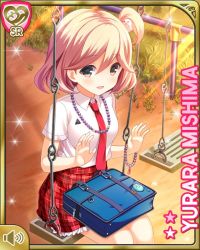 Rule 34 | 1girl, bag, beads, blonde hair, bracelet, card (medium), day, girlfriend (kari), grey eyes, jewelry, lonely, looking at viewer, looking to the side, mishima yurara, necklace, necktie, official art, on lap, open mouth, outdoors, plaid, plaid skirt, playground, qp:flapper, red skirt, short hair, shy, side ponytail, sitting, skirt, solo, sunset, tagme
