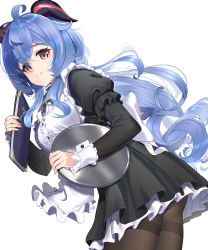Rule 34 | 1girl, absurdres, ahoge, alternate costume, apron, black skirt, blue hair, bow, breasts, dunggeul dunggeul, enmaided, from side, ganyu (genshin impact), genshin impact, highres, horns, juliet sleeves, long hair, long sleeves, looking at viewer, looking back, low ponytail, maid, maid apron, medium breasts, menu, pantyhose, puffy sleeves, purple eyes, sidelocks, skirt, smile, solo, thighband pantyhose, thighs, tray, white bow