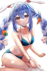 Rule 34 | 1girl, absurdres, amefukura art, animal ear fluff, animal ears, bikini, black choker, blue bikini, blue hair, bow, bracelet, braid, breasts, carrot hair ornament, choker, cleavage, collarbone, commentary request, dutch angle, feet out of frame, food-themed hair ornament, hair between eyes, hair bow, hair ornament, highres, holding, hololive, jewelry, long hair, looking at viewer, medium breasts, multicolored hair, navel, orange eyes, parted lips, rabbit ears, rabbit girl, sidelocks, silver hair, simple background, sitting, solo, swimsuit, thick eyebrows, twin braids, twintails, two-tone hair, usada pekora, virtual youtuber, wet, white background, white bow, yokozuwari