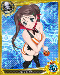 Rule 34 | 10s, 1girl, aqua eyes, bikini, blue eyes, breasts, brown hair, card (medium), chess piece, cleavage, halloween, high school dxd, long hair, looking at viewer, nimura ruruko, official art, pawn (chess), smile, solo, striped bikini, striped clothes, swimsuit, thighhighs, trading card, twintails