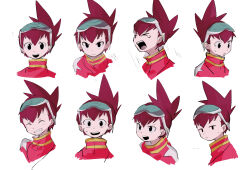 Rule 34 | . ., 1boy, azimuth72, brown hair, clenched teeth, commentary request, crying, eyewear on head, geo stelar (mega man), highres, looking at viewer, male focus, mega man (series), mega man star force, short hair, simple background, smile, solo, spiked hair, surprised, sweat, teeth, upper body, white background